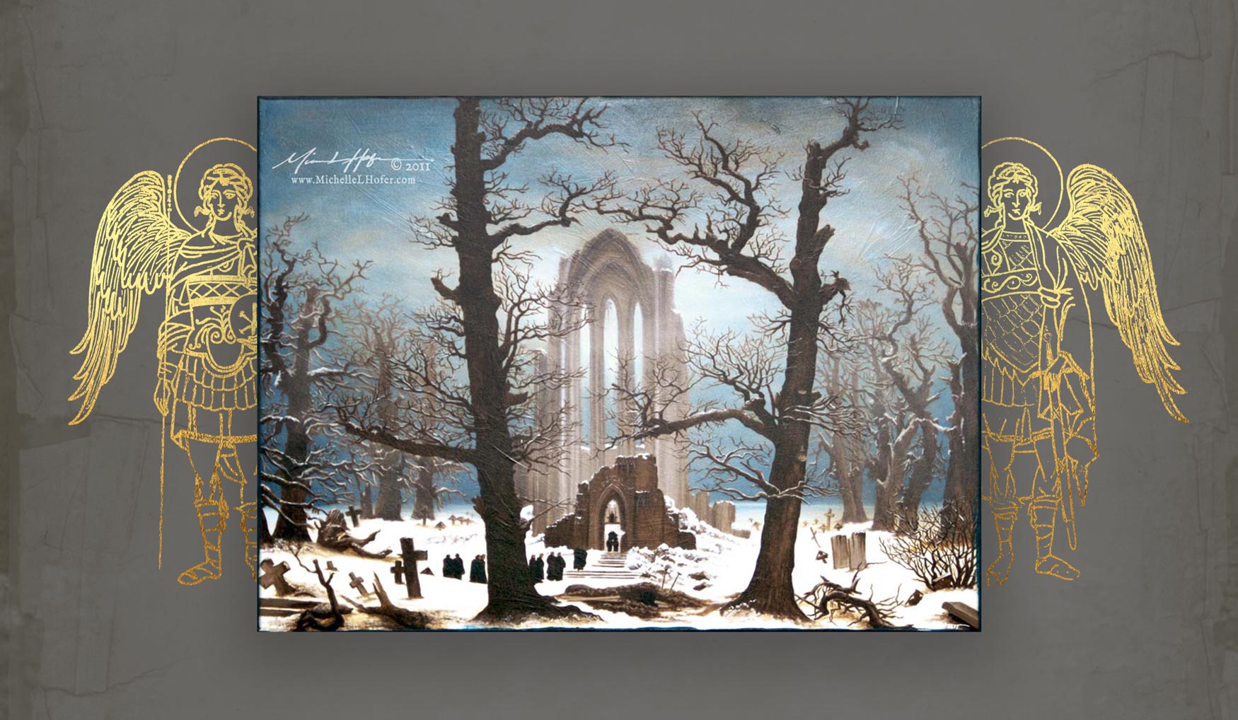 Acrylic painting with metallic accent based on Monastery Graveyard in Snow by Caspar David Friedrich painted in 1817-19. The original painting was destroyed in WWI.