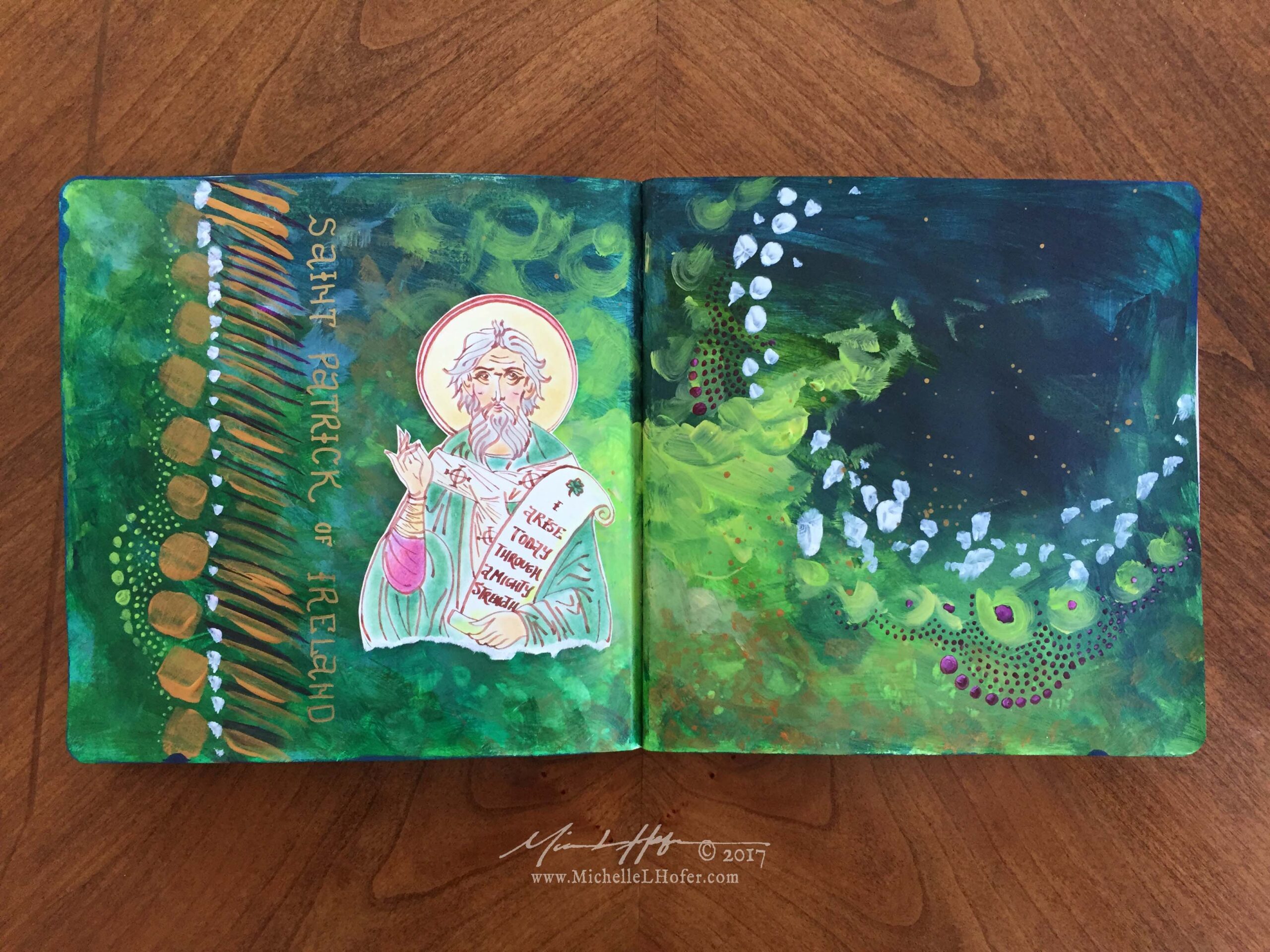 Saint Patrick's Vision - Abstract acrylic painted double-page book spread featuring a pen and ink portrait of Saint Patrick of Ireland with hand lettered name from the Book of Saints by Michelle L Hofer.