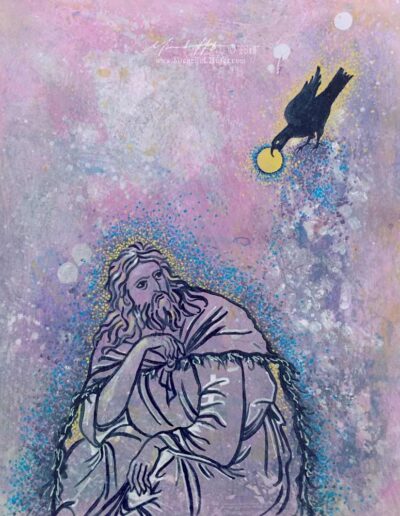 Abstract acrylic painting by Michelle L Hofer featuring the prophet Elijah and a raven bringing him bread.