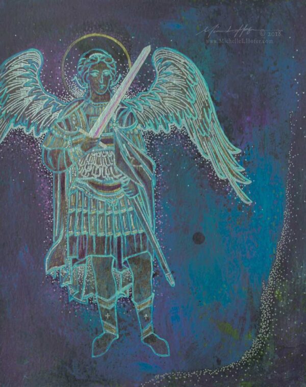 Abstract acrylic painting by Michelle L Hofer featuring the warrior angel Michael.