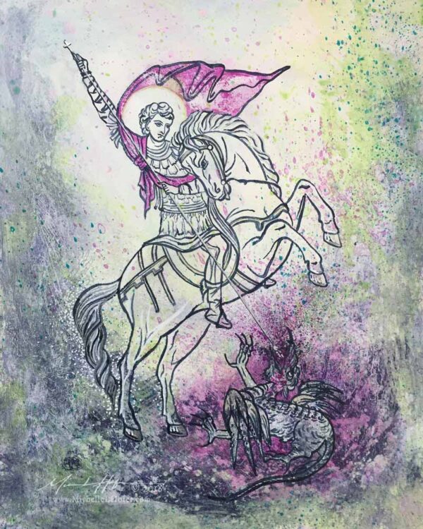 Abstract acrylic painting by Michelle L Hofer featuring Saint George on his horse slaying the dragon.