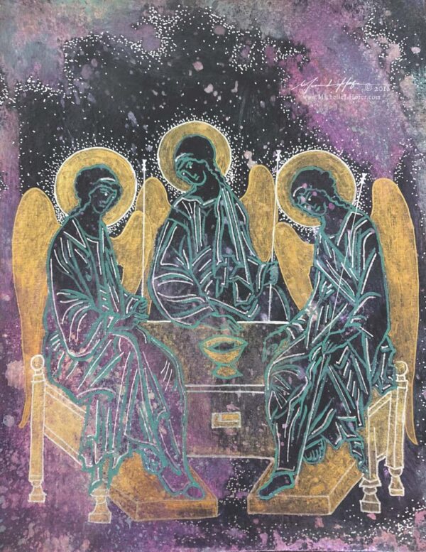 Abstract acrylic painting by Michelle L Hofer featuring the Holy Trinity after Andrei Rublev’s Hospitality of Abraham.