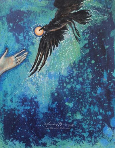 Abstract acrylic painting by Michelle L Hofer featuring the prophet Elijah’s hand and a raven bringing him bread.