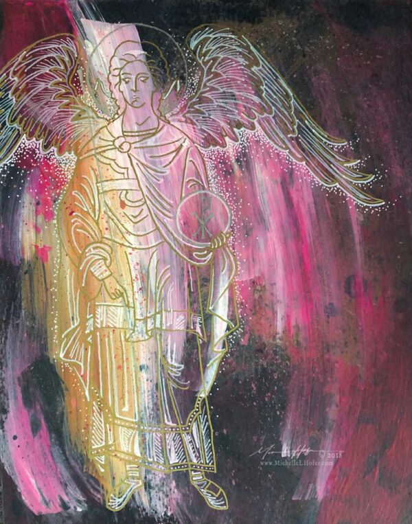 Abstract acrylic painting featuring the divine messenger angel Gabriel.