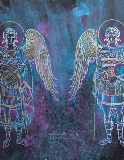 Abstract acrylic painting by Michelle L Hofer featuring the divine messenger angel Gabriel and the divine warrior angel Michael.
