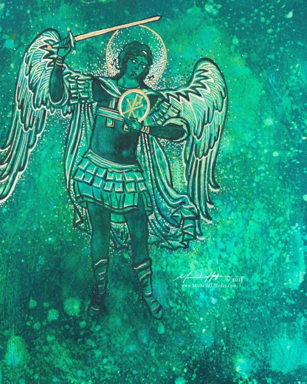 Abstract acrylic painting by Michelle L Hofer featuring the divine warrior angel Michael - sword drawn.