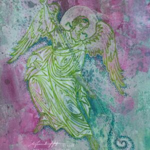 Abstract acrylic painting by Michelle L Hofer featuring an angel stirring up water for healing.