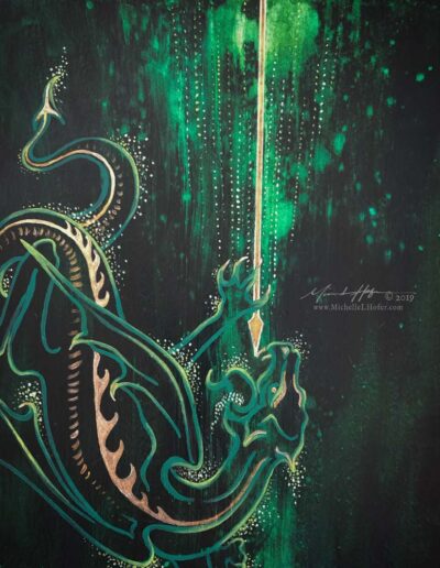 Abstract acrylic painting by Michelle L Hofer featuring the slaying of a dragon.