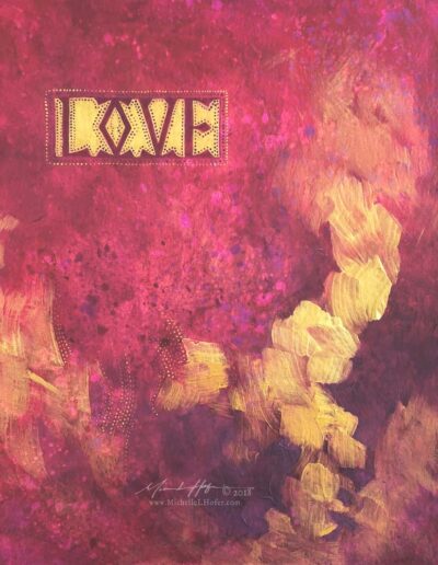 Abstract acrylic painting by Michelle L Hofer featuring the word LOVE done in Celtic style lettering.