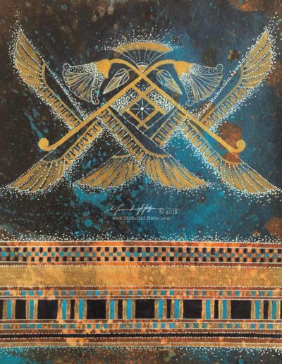 Abstract acrylic painting by Michelle L Hofer featuring an Egyptian inspired interpretation of a six-winged seraph.