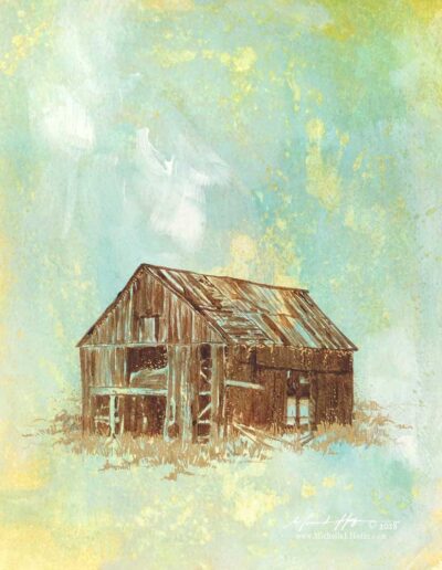 Abstract acrylic painting featuring an abandoned barn with golden grass details.