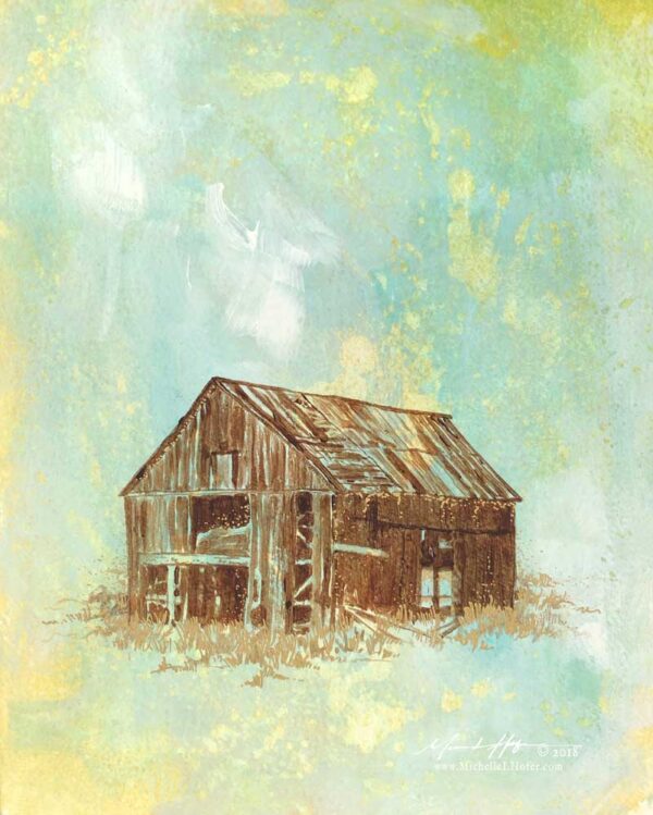 Abstract acrylic painting featuring an abandoned barn with golden grass details.