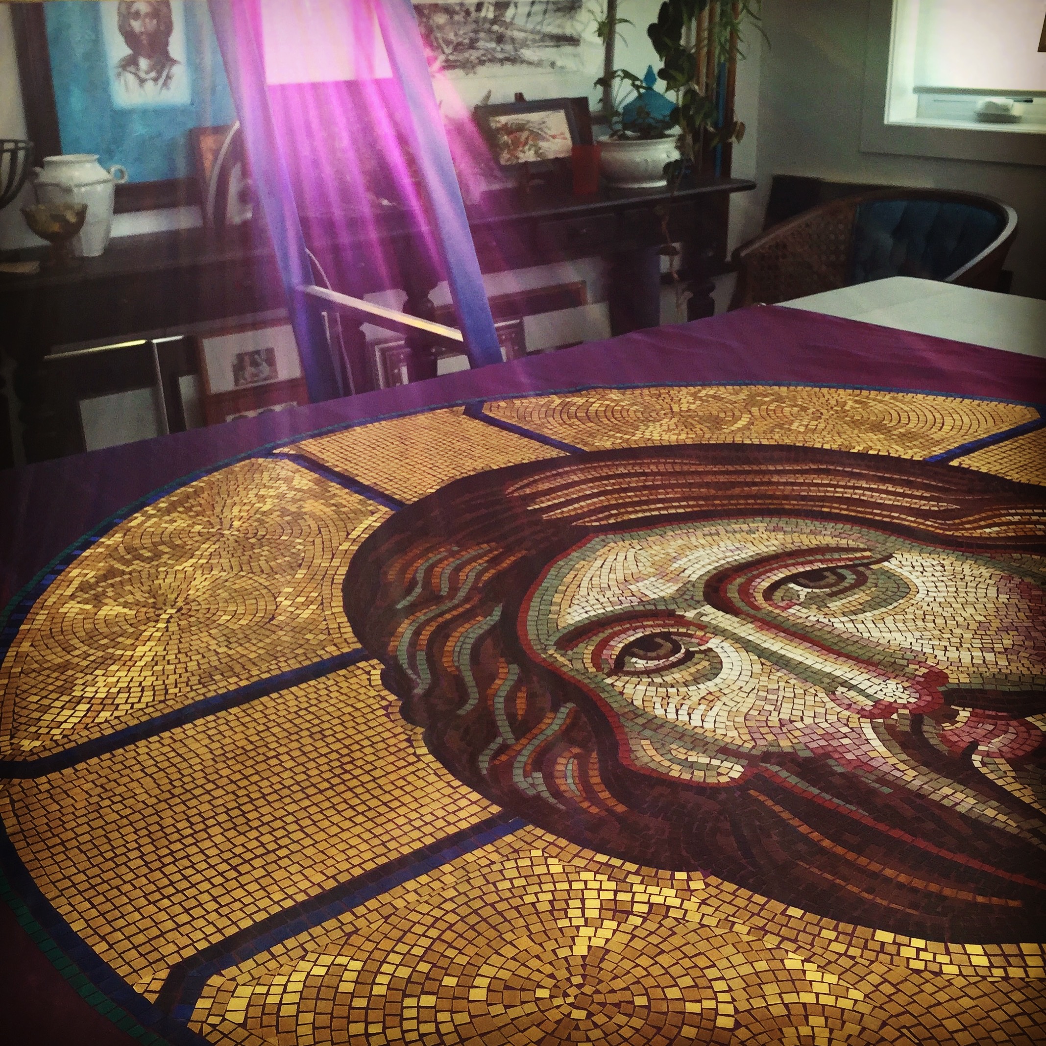 Light falling on Christ Pantocrator mosaic textile work in my studio during a photo shoot (2016), photo by Michelle L Hofer