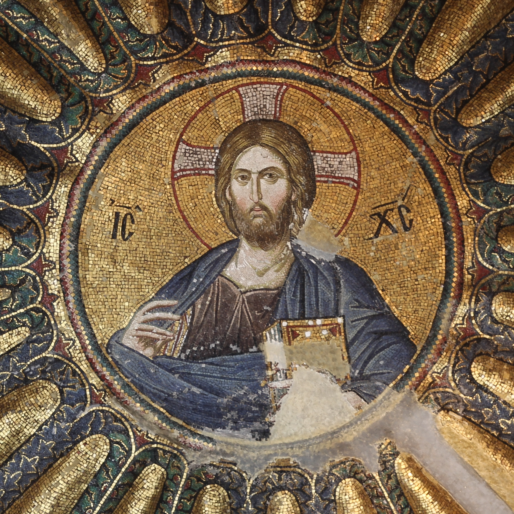 Mosaic of Christ Pantocrator, south dome of inner narthex at Chora Church (prior to 1320), Istanbul, Turkey.