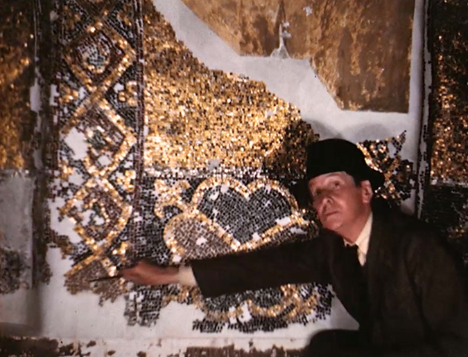 Thomas Whittemore tracing and explaining decorative mosaic patterns in the Hagia Sophia (1940). Photo by Dumbarton Oaks Research Library and Collection.