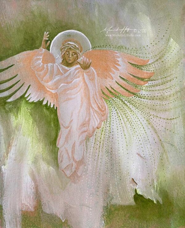 Abstract acrylic painting featuring the divine messenger angel Gabriel.