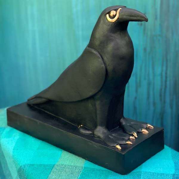 Ceramic raven sculpture in matte black and 22K gold details - custom order - Michelle L Hofer | Birch Tree Studio